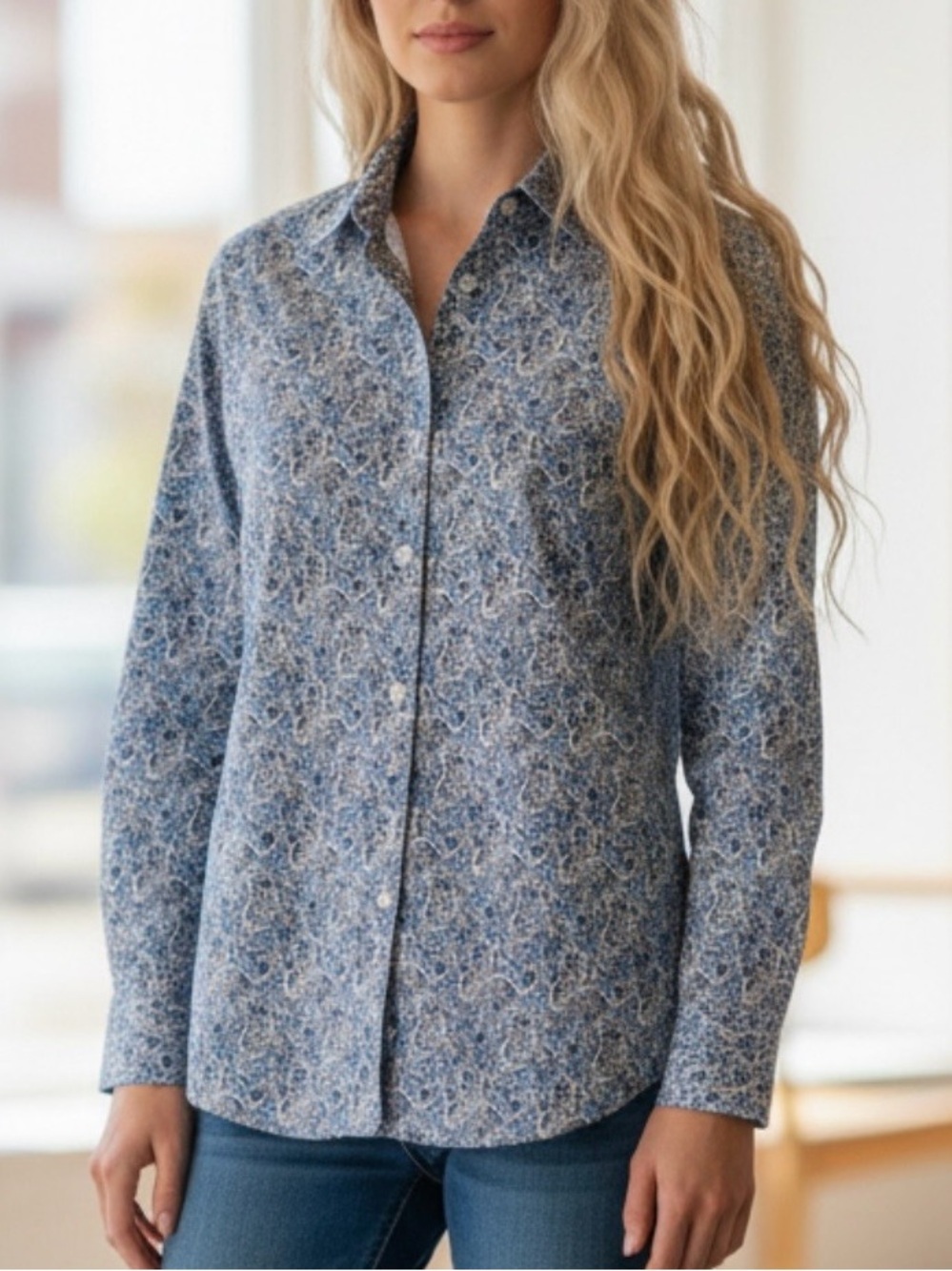 NWOT-Lands' End - NO IRON Blue Paisley Button-Down Shirt